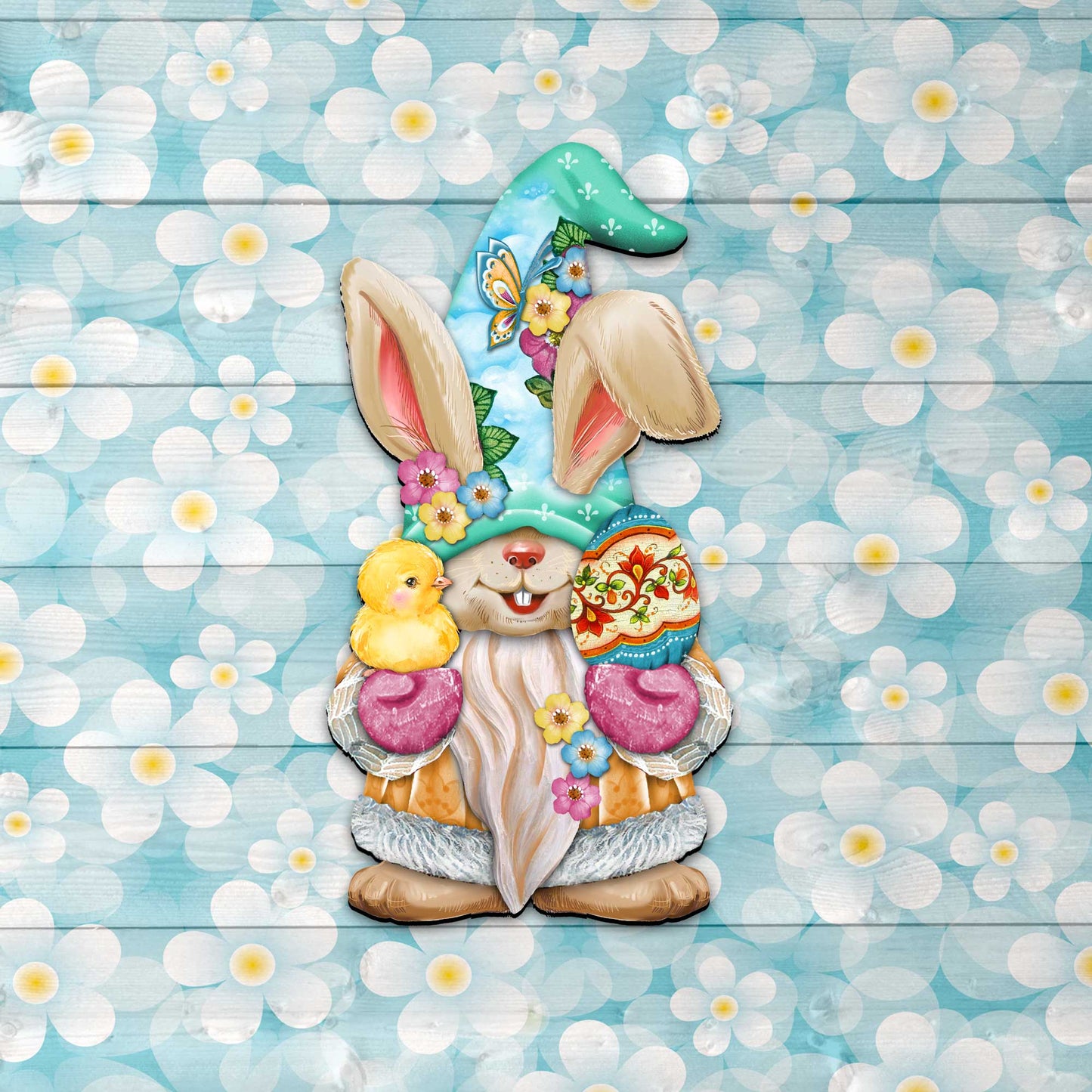 Easter Egg Bunny Gnome with Chick Wooden Door Hanger Wall by G. DeBrekht - Easter Spring Decor - 8611017H