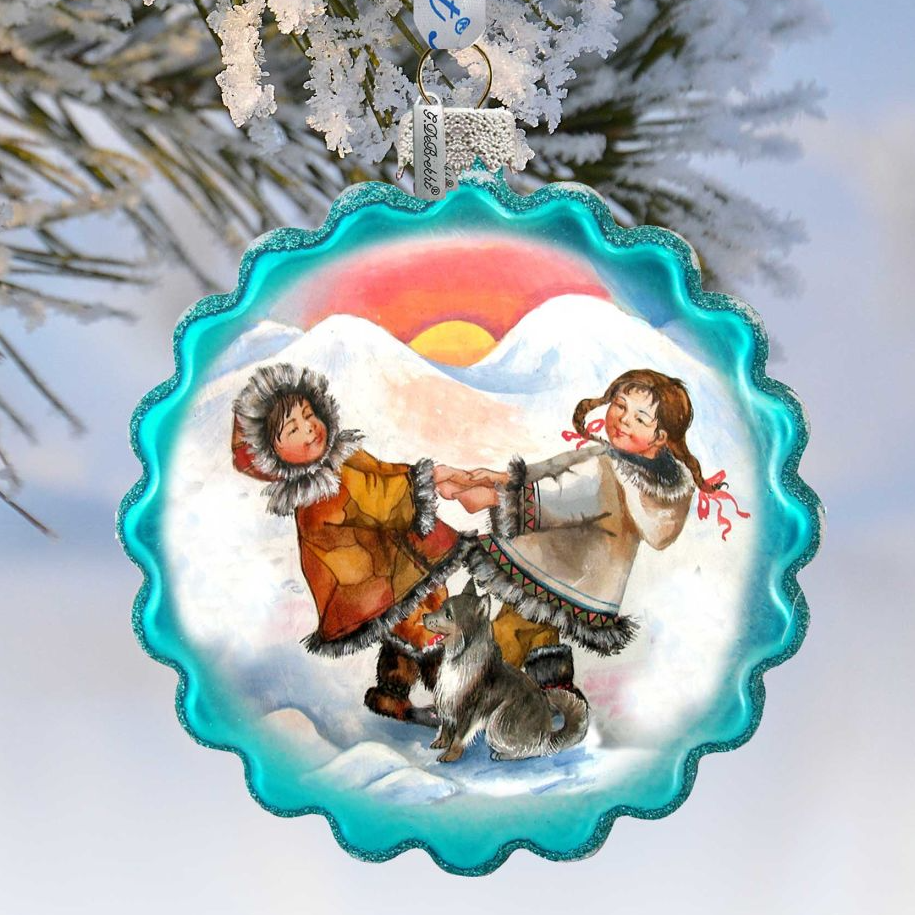 Alaska Kids Wreath Glass Ornament by G. DeBrekht - Wildlife Holiday Decor - 759-037