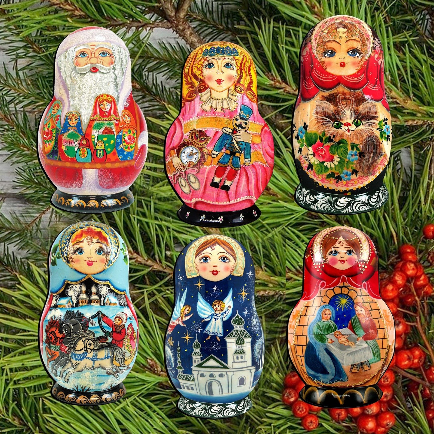 Nested Dolls Decorative Wooden Clip-on Ornaments Set of 6 by G. Debrekht - Christmas Decor - 8090130C-S6