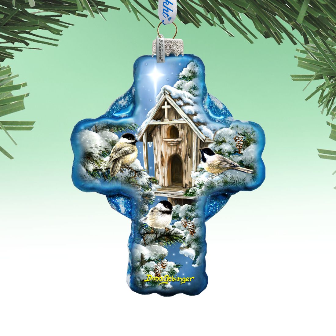 Winter Birds House Icon Cross Glass Ornament by D. Gelsinger - Nativity Holiday Decor - 758-022-DG