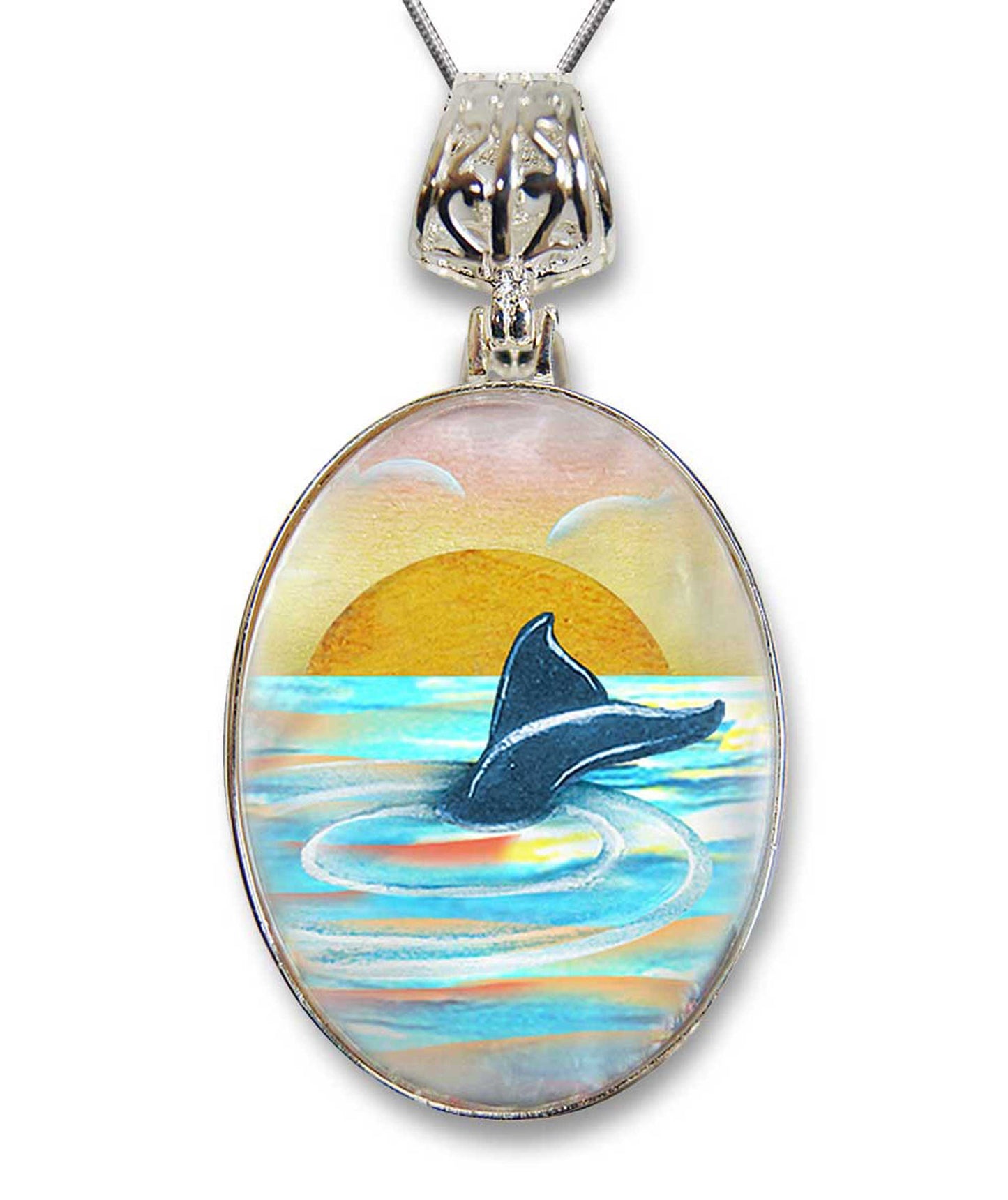 Whale Tale Silver Plated Mother of Pearl Jewelry Pendant Necklace Coastal - 44052