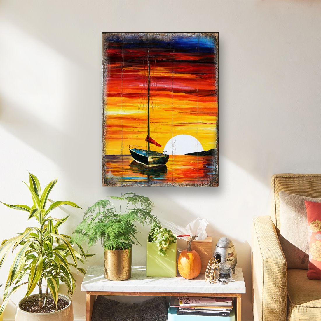 Alberty Sailboat Sunset Wooden Coastal Wall Art by Nature Wonders - Coastal Sea-Life Decor - 95323B