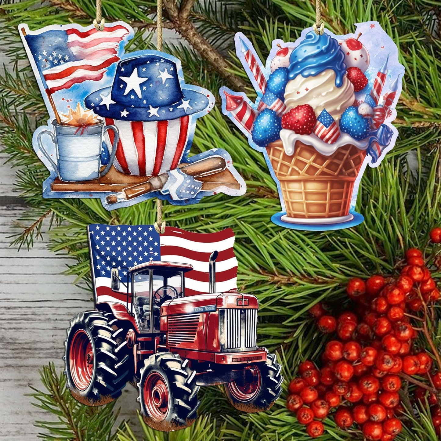 American Farmhouse Decorative Wooden Ornaments Set of 3 by G. Debrekht - Patriotic Decor - 8091001-S3