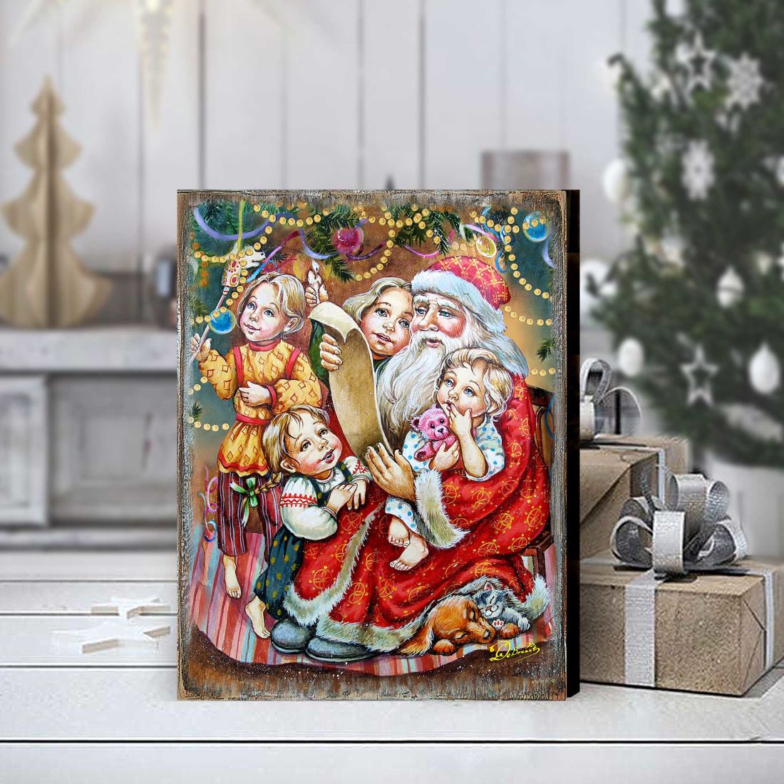 Wish List Santa Wooden Wall Art by G. DeBrekht - Christmas Santa Snowman Decor - 81291311B