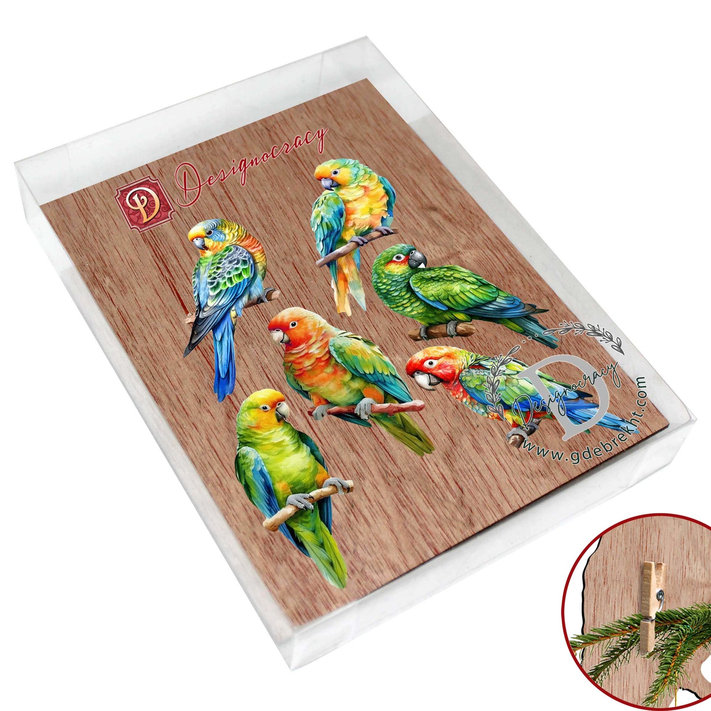 Parrots Decorative Wooden Clip-on Ornaments of 6 by G. Debrekht - Christmas Decor - 8090013C-S6