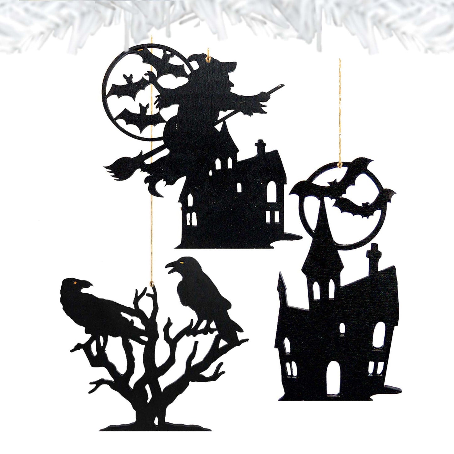 Halloween Wooden Ornaments-Witch,Castle,Birds-Set of 3 - Thanksgiving Halloween Decor - 8100187S3