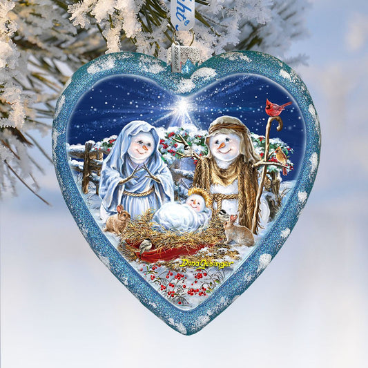 Snow Family Nativity Heart Glass Ornament Limited Edition by D. Gelsinger - Christmas Decor - 738-102-DG