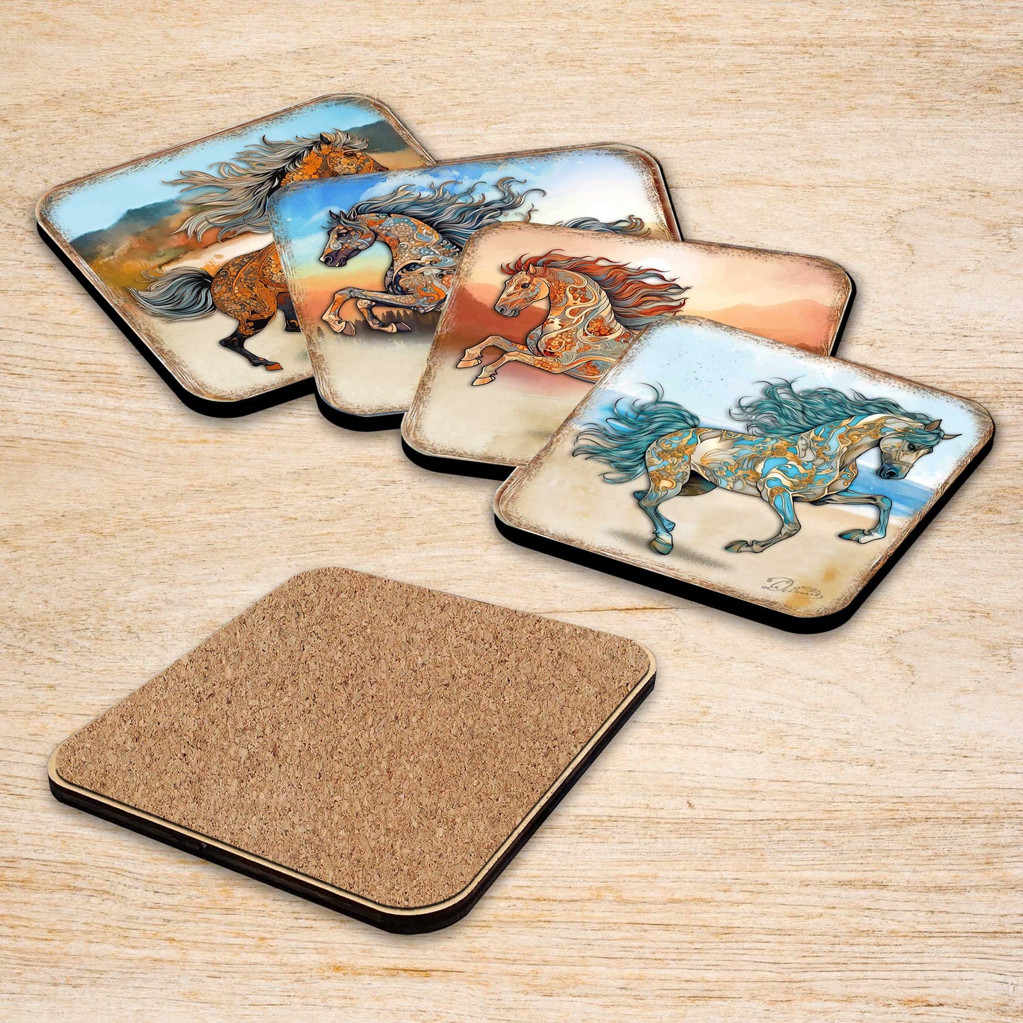 Horses Wooden Cork Coasters Gift Set of 4 by G. Debrekht - Wildlife Decor  - 8199444C-S4