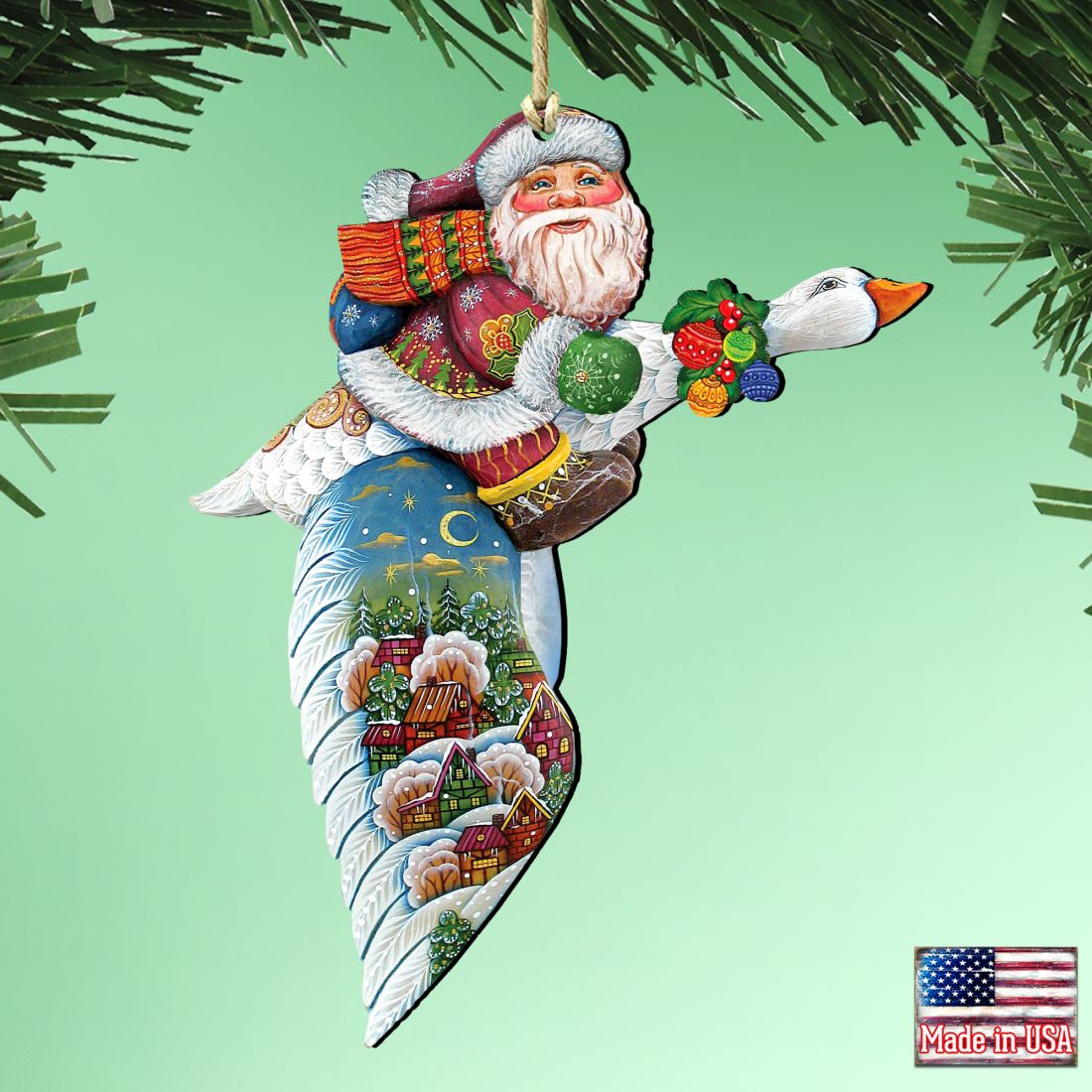 Goose Traveling Santa Wooden Ornaments by G. DeBrekht - Christmas Santa Snowman Decor - 8114060