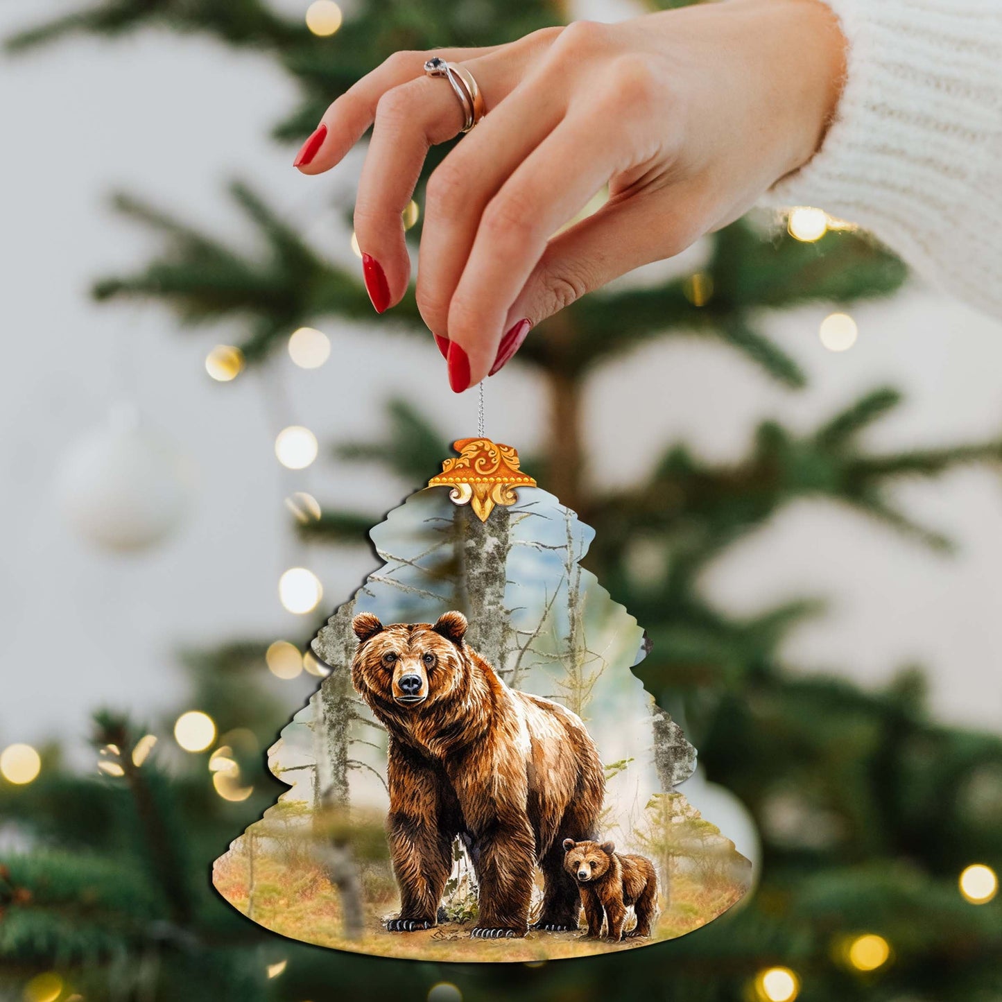 Forest Grizzly Bond Tree Wooden Ornaments by G.Debrekht - Wildlife Holiday Decor - 870010