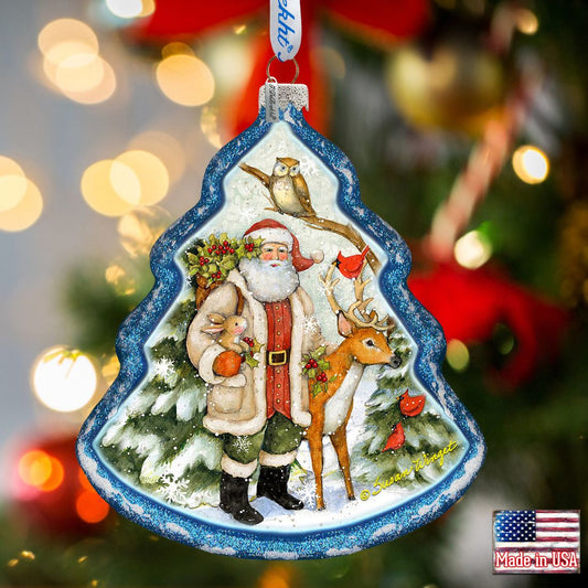 Santa in the Forest Glass Ornament by Susan Winget - Christmas Santa and Snowman Decor - 762-209-SW