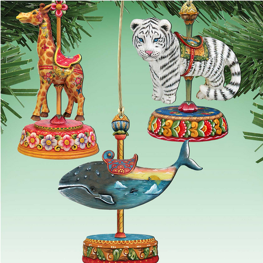 Carousel Wooden Ornaments: Tiger, Whale, Giraffe - Christmas Decor - 81000892S3