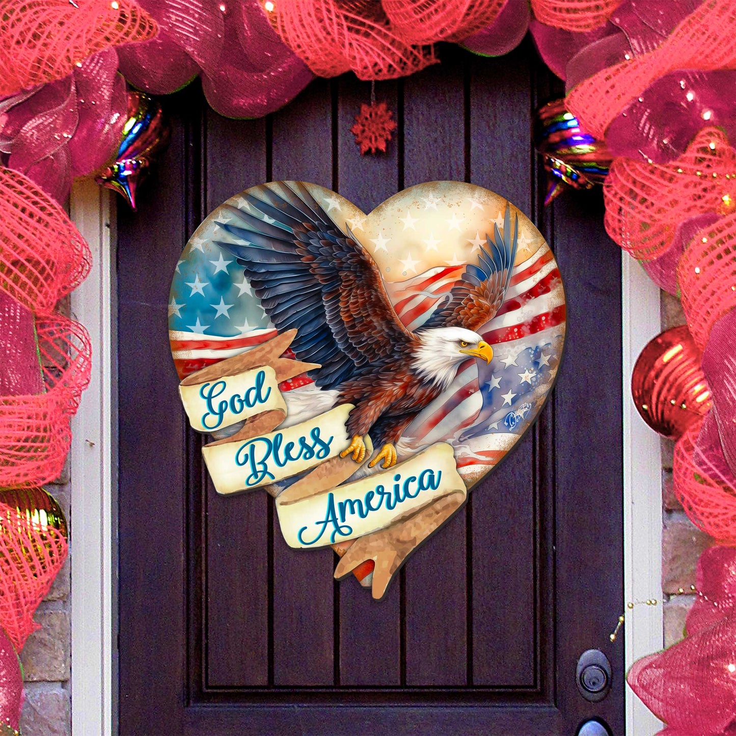God Bless America Patriotic Eagle Heart Decorative Holiday Door Decor by G. DeBrekht - American Christmas Decor - 8652789H