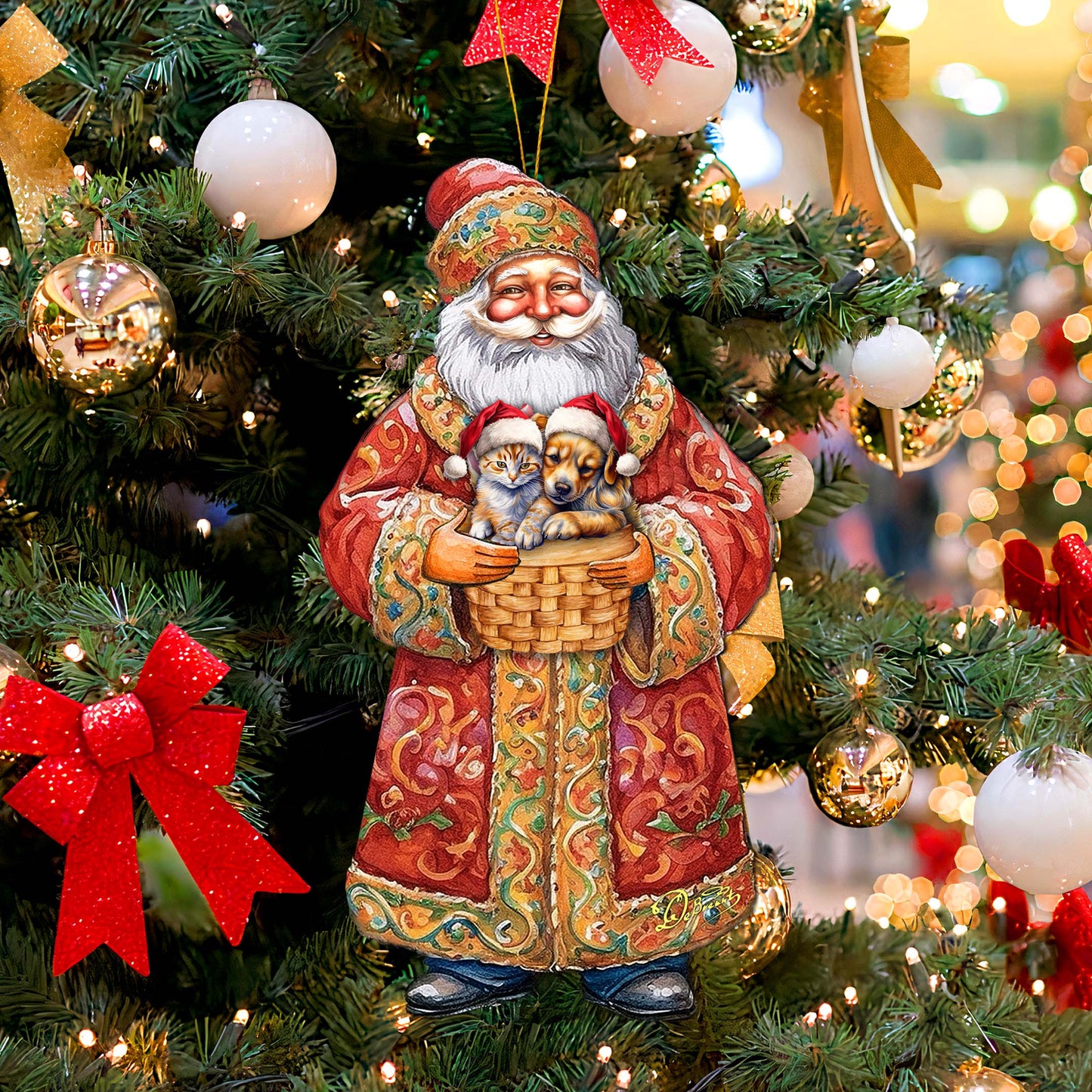Yuletide Pets with Santa Wooden Ornaments by G. Debrekht - Christmas Santa Snowman Decor - 8691406