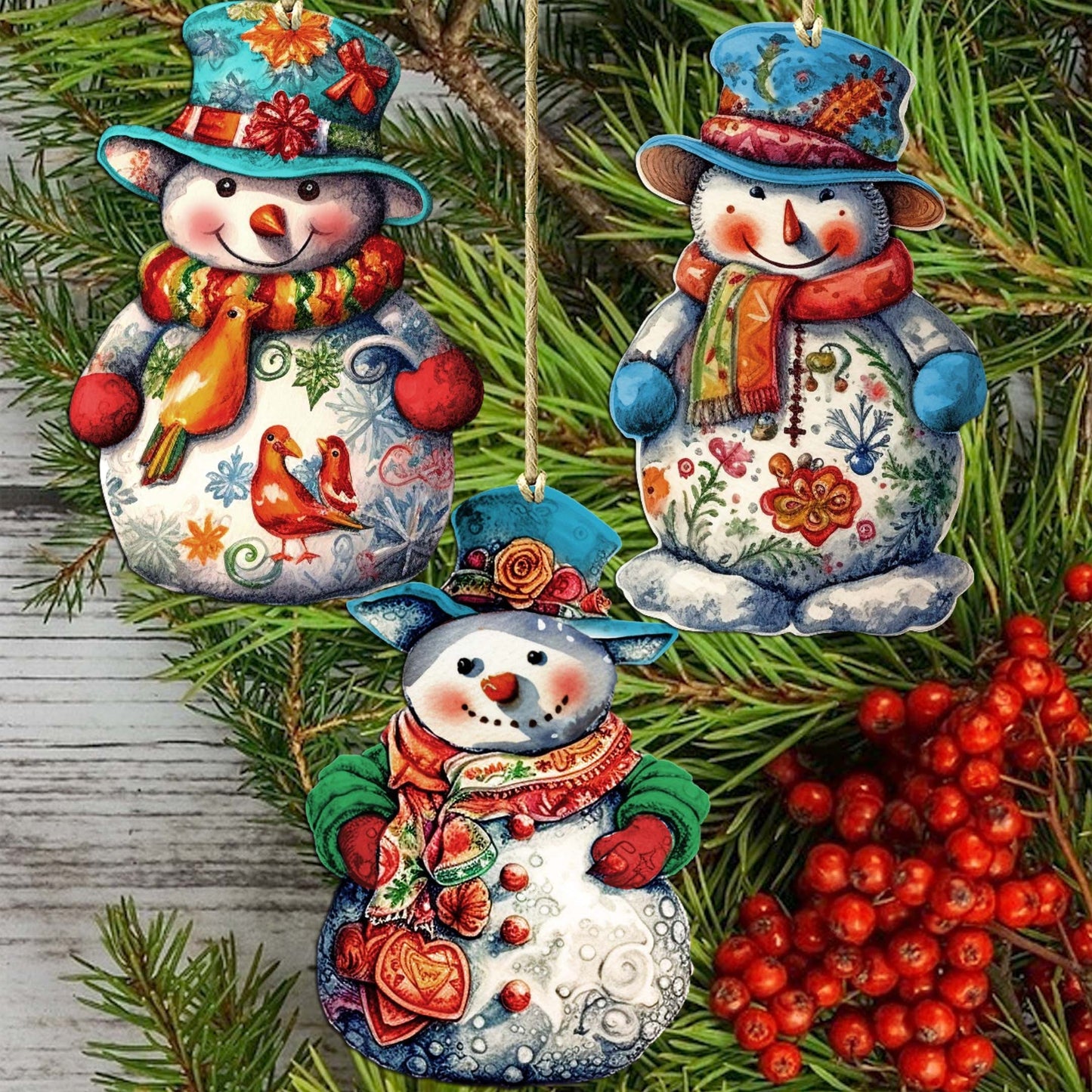 Snowman Decorative Wooden Ornaments Set of 3 by G. Debrekht - Christmas Decor - 8091023-S3