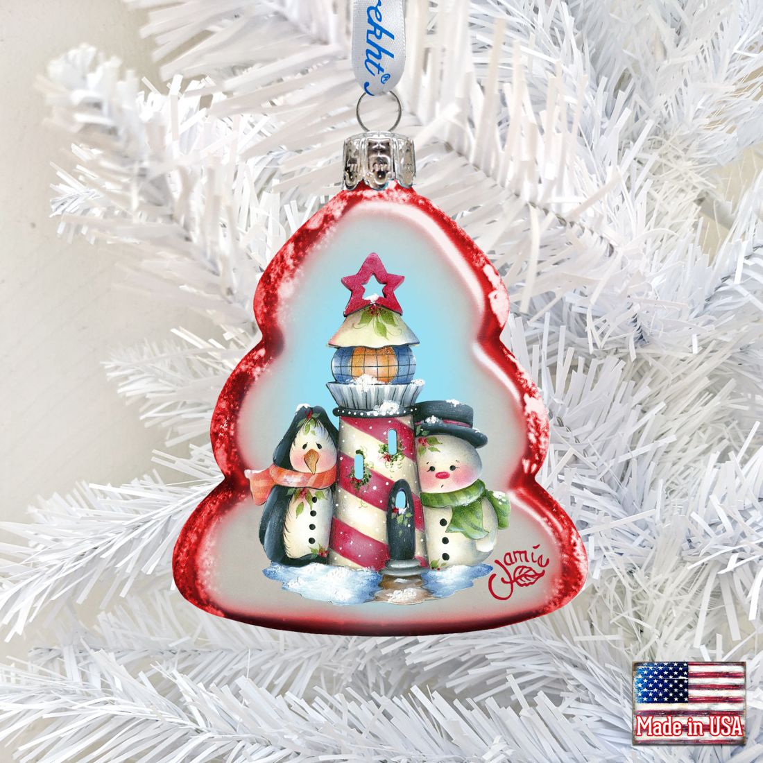 Lighthouse Penguin & Snowman Mercury Glass Ornament by Jamie Mills-Price - Christmas Santa Snowman Decor - 778203-7508