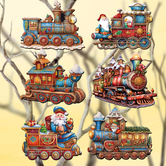 Santa Christmas Train Decorative Wooden Clip-on Ornaments Set of 6 by G. Debrekht - Christmas Decor - 8090123C-S6