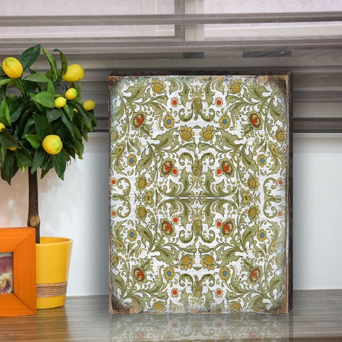 Gold and Green Floral Rustic Wooden Wall Art by G. DeBrekht - Floral Ornamental Decor - 95011B