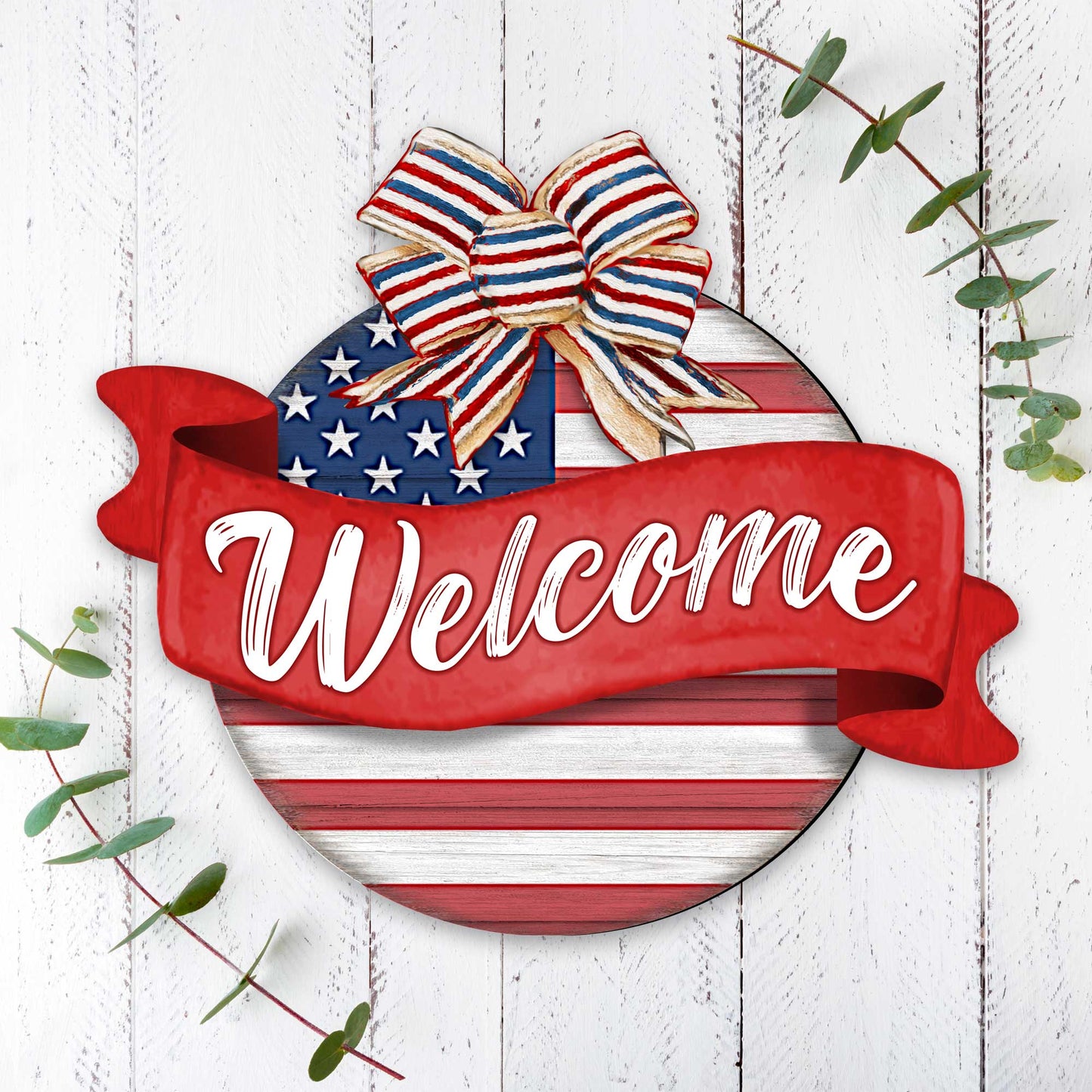 Front door welcome sign American flag porch wreath Main entrance banner Welcome sign - Wooden front porch decor - 933103H