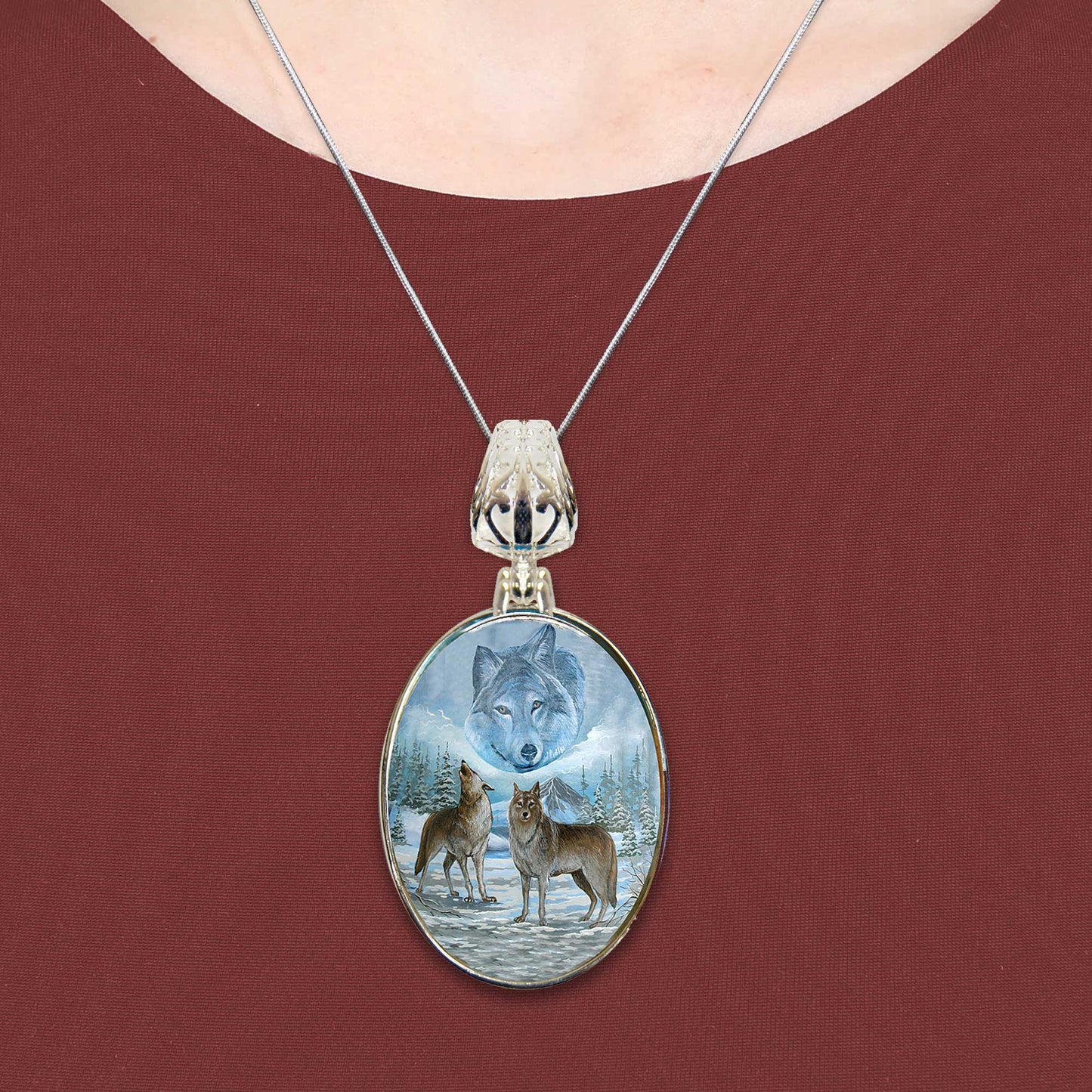 Sky Wolves Howling Silver Plated Mother of Pearl Jewelry Pendant Necklace - 44035