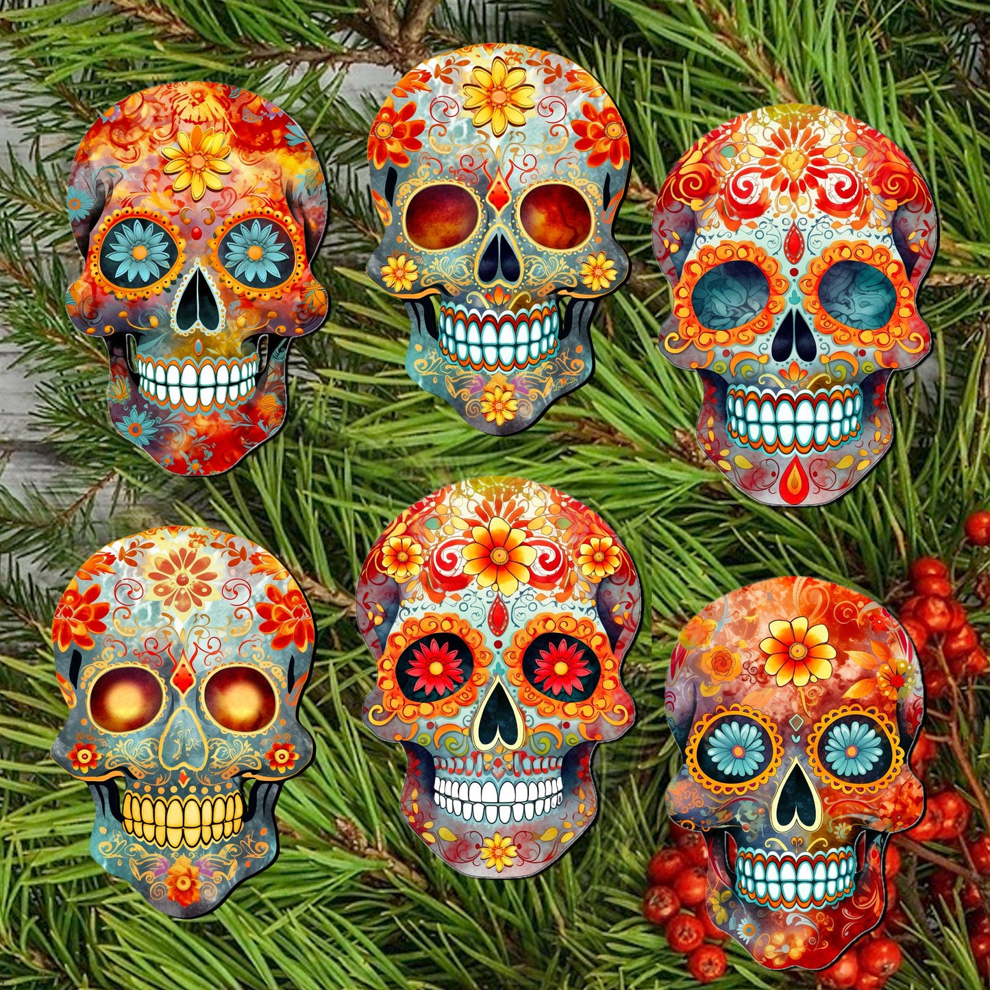 Sugar Skulls Decorative Wooden Clip-on Ornaments of 6 by G. Debrekht - Halloween Decor - 8090071C-S6