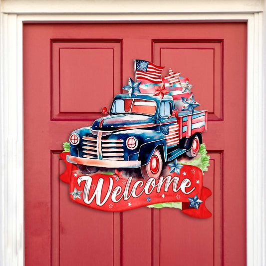 Front door welcome sign American Car United we stand Front porch Patriotic wreath Main entrance banner Red and White Welcome sign - Wooden front porch decor - 933108H