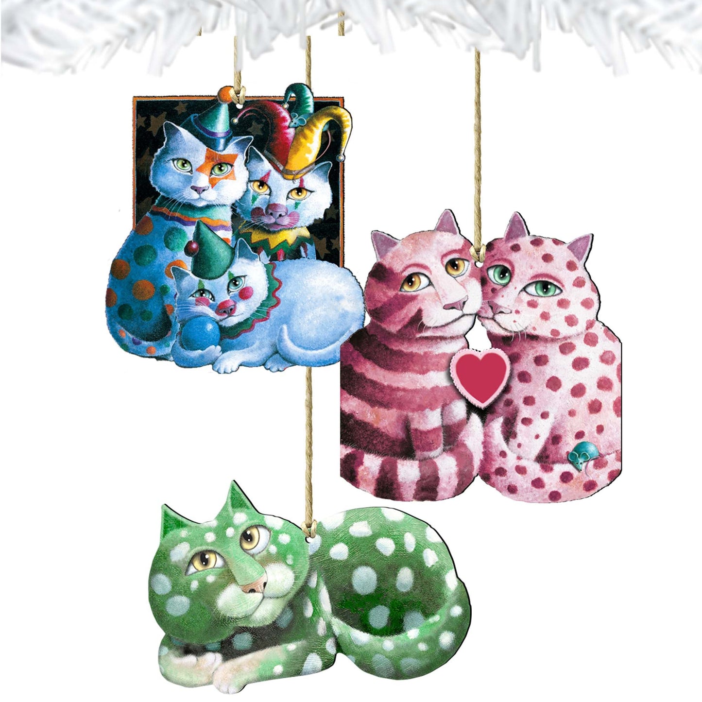 Whimsical Cats Wooden Ornaments Set of 3 by Laura Seeley - Pets Dog and Cats Decor - 8100101S3-LS