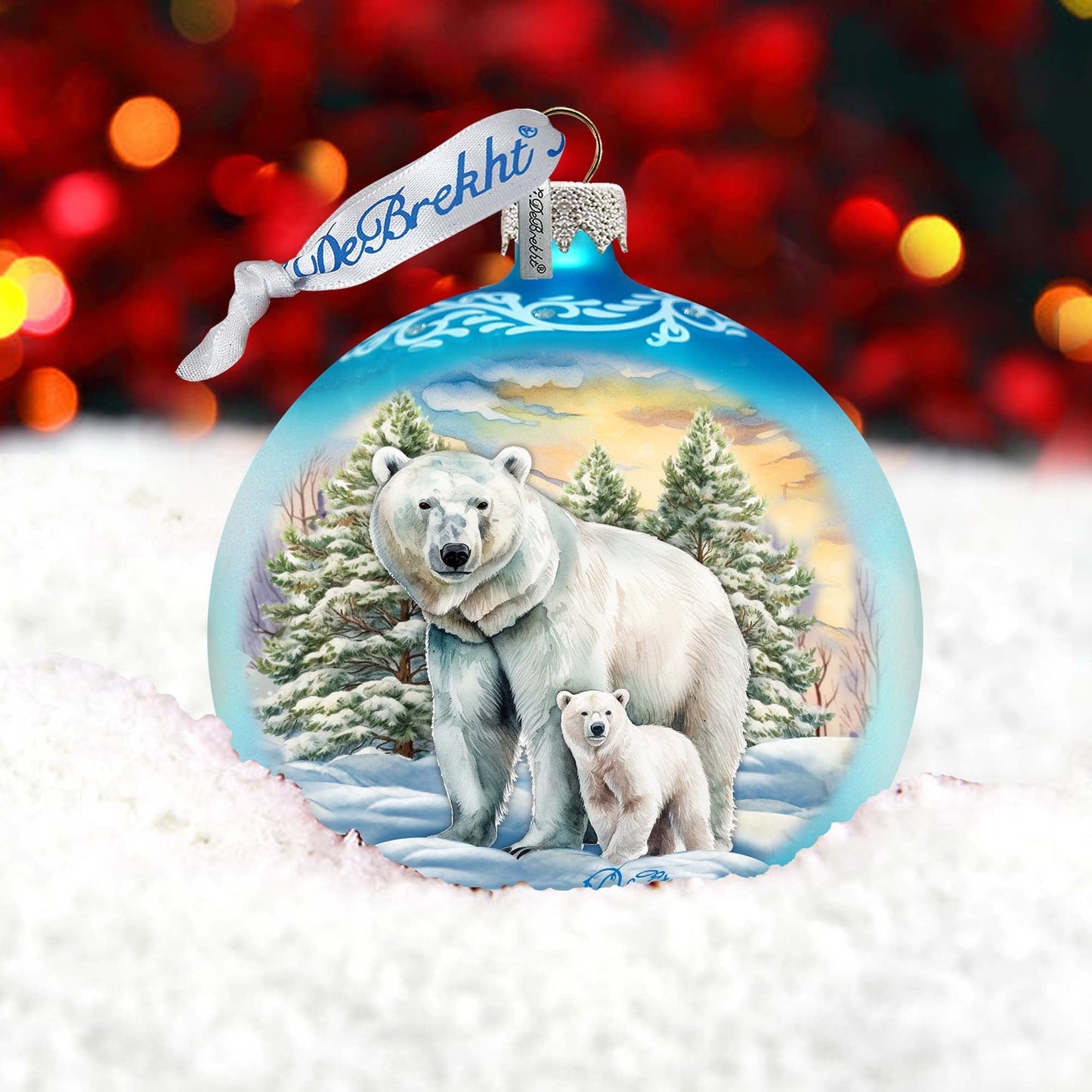 Polar Bear with Cub Ball Glass Ornament by G. Debrekht - Wildlife Holiday Decor - 73386