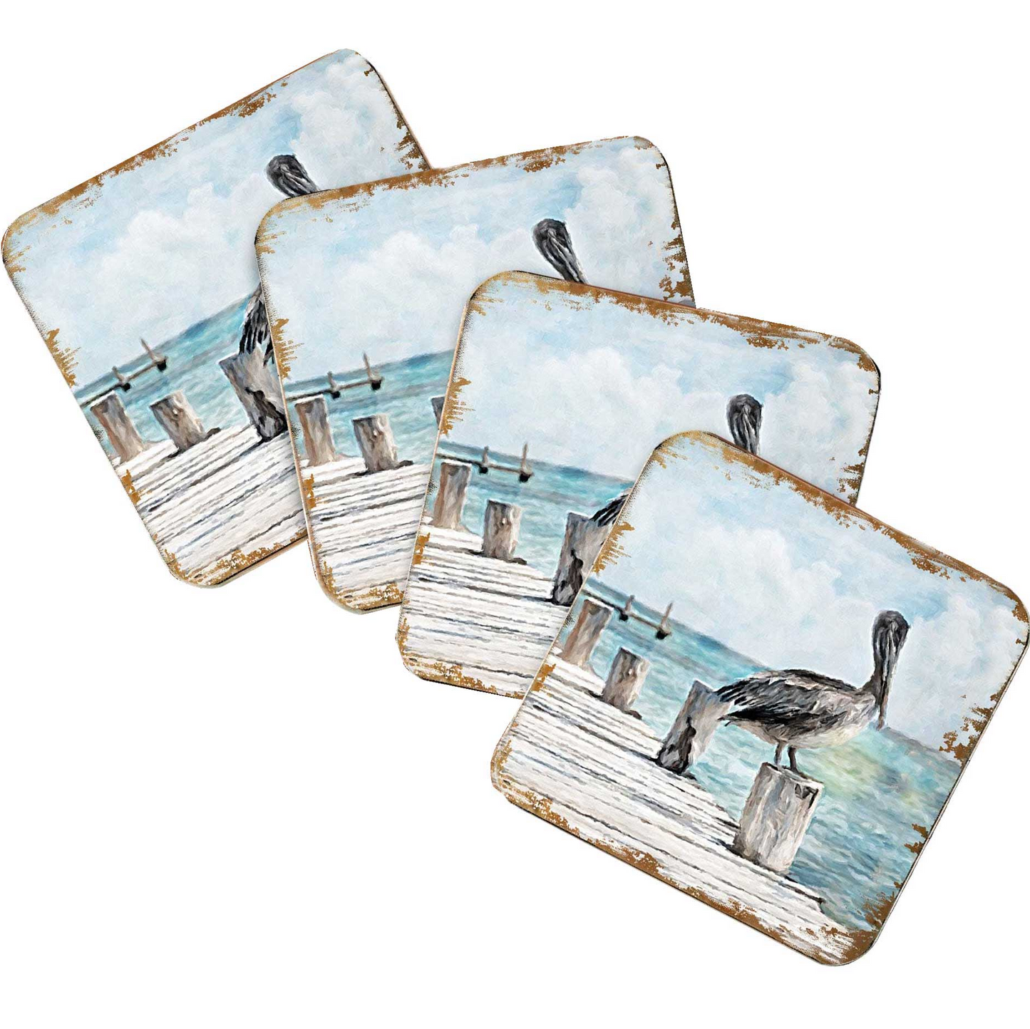 Pelican Coastal Wooden Cork Coasters Gift Set of 4 by Nature Wonders - Coastal Sea-Life Decor - 95252C-S4