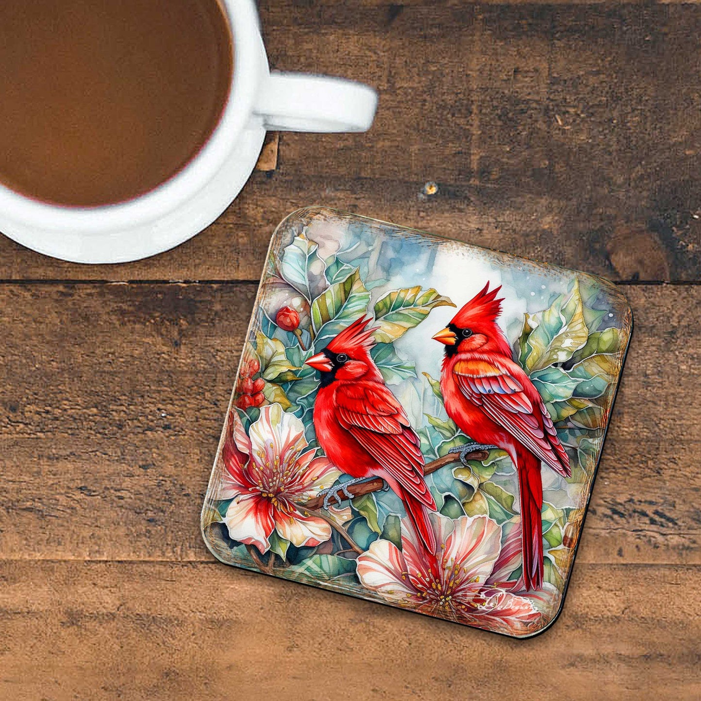 Red Cardinals Wooden Cork Coasters Gift Set of 4 by G. Debrekht - Wildlife Decor  - 8199452C-S4