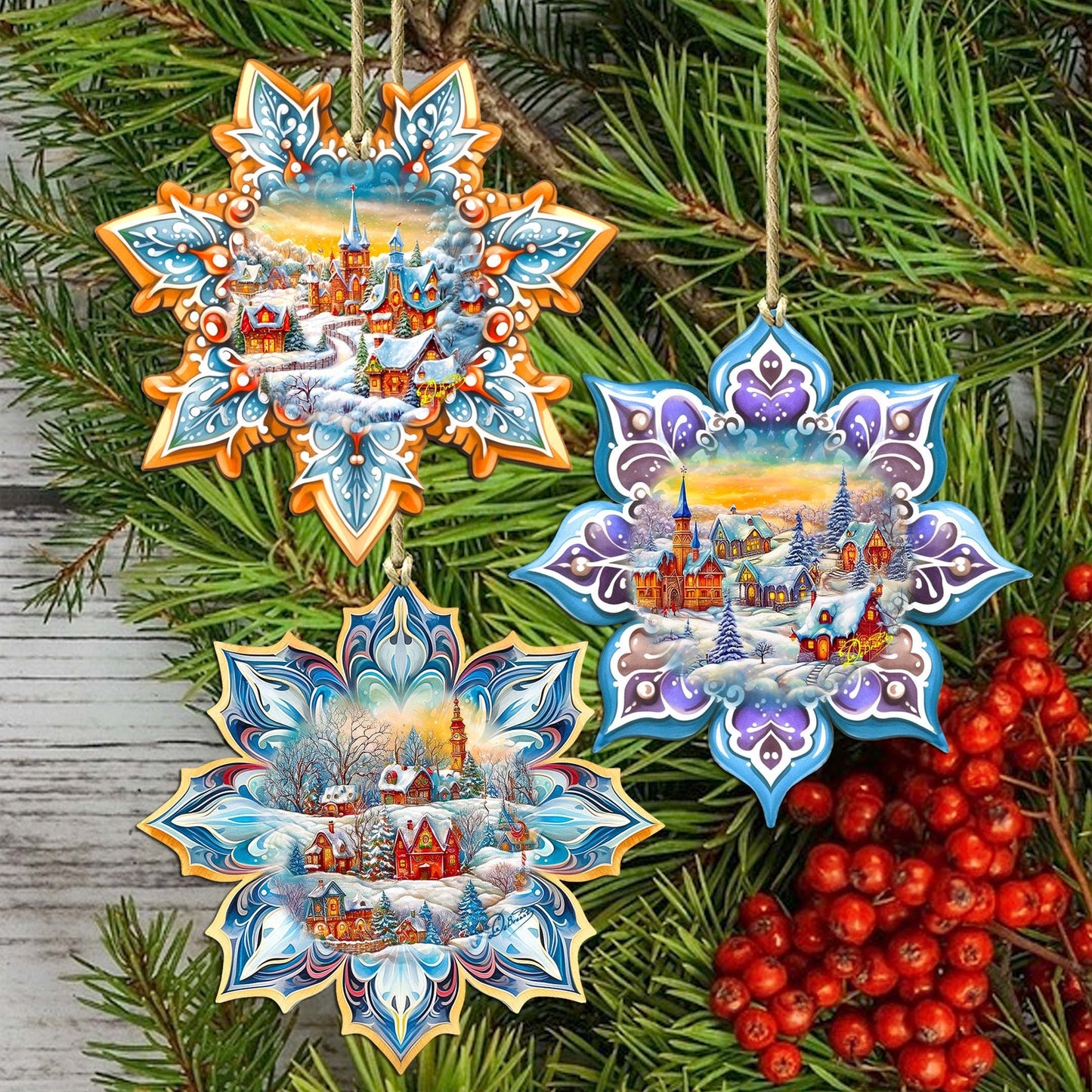 Winter Village Snowflake Wooden Ornaments Set of 3 by G. Debrekht - Christmas Decor - 8090146-S3