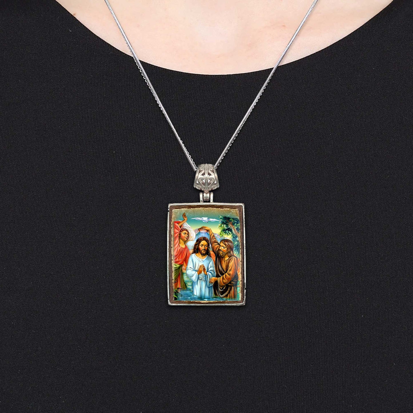 Christening Religious Jewelry Silver Plated Necklace, Gold-Plated Wooden Cabochon - Christian Sacred Icon - Inspirational Icon Decor - 43043R