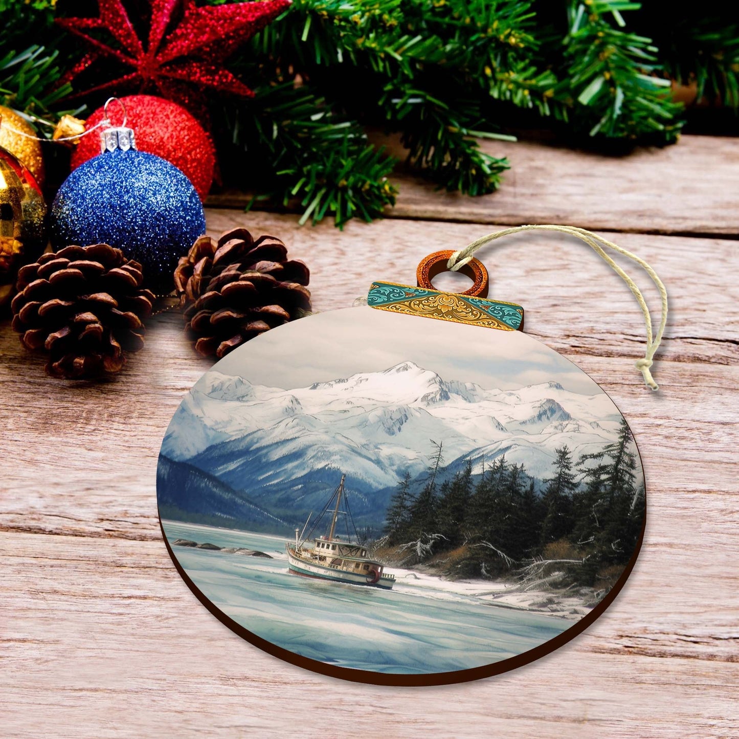 Alaskan Mountain Fishing Wooden Ornaments by G.Debrekht - Wildlife Holiday Decor - 870069