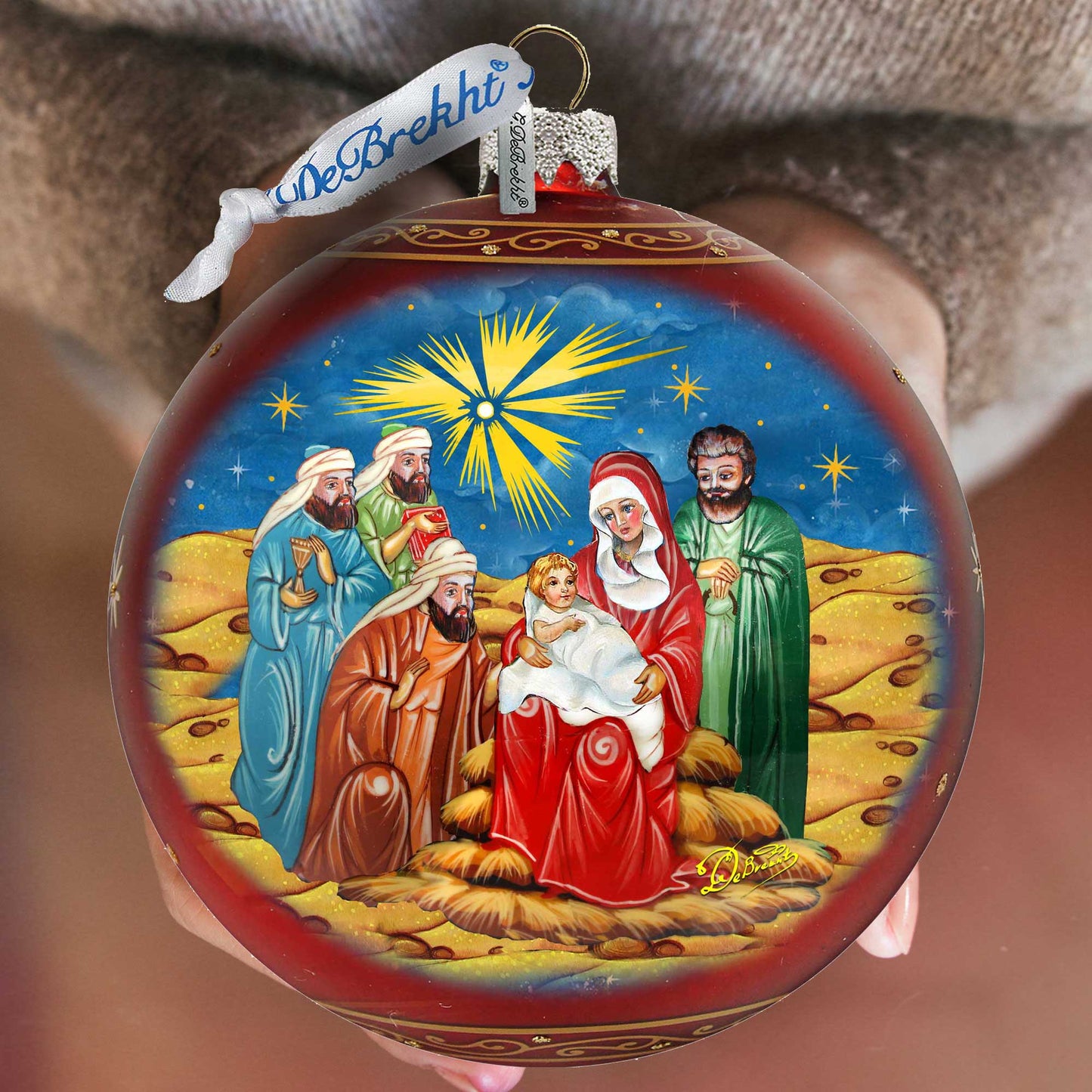 Holy Family and Three Kings Lg Glass Ornament in Red by G.DeBrekht - Christmas Decor - 73920R