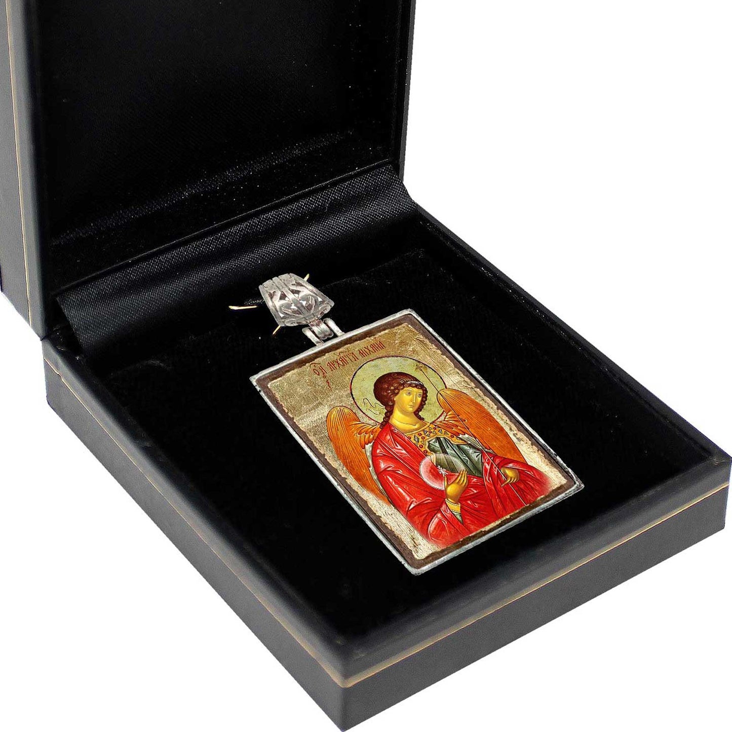 Saint Michael Religious Jewelry Silver Plated Necklace, Gold-Plated Wooden Cabochon - Christian Sacred Icon - Inspirational Icon Decor - 43027R