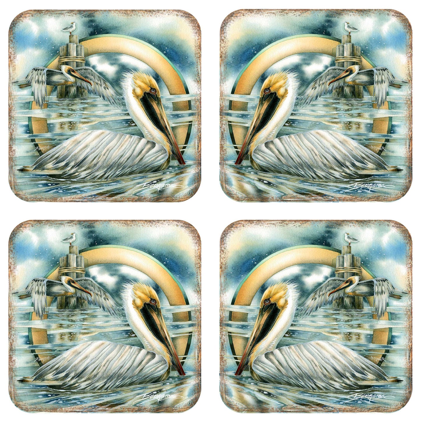 Pelicans Wooden Cork Coasters Gift Set of 4 by J. Bergsma - Coastal Holiday Decor  - 8199460C-S4