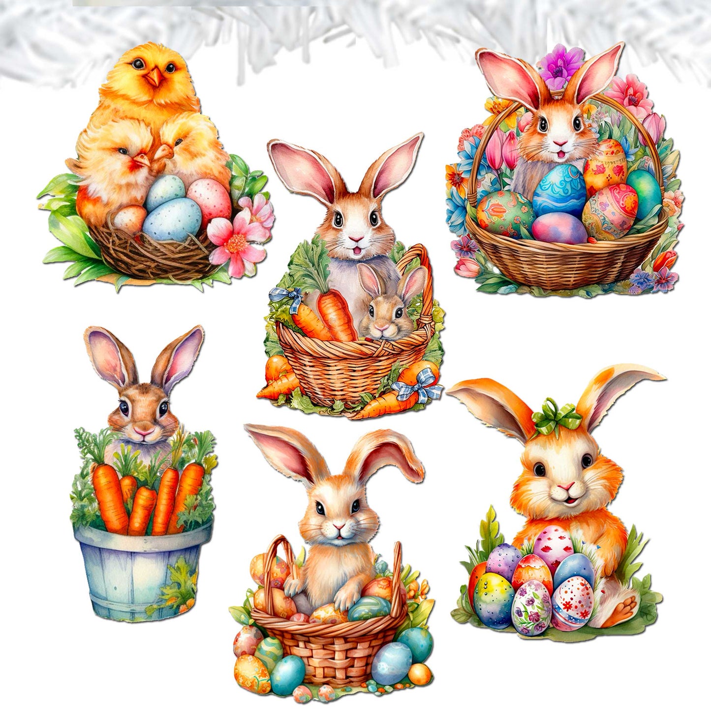 Eggs and Bunnies Decorative Wooden Clip-on Ornaments Set of 6 by G. Debrekht - Easter Decor - 8090057C-S6