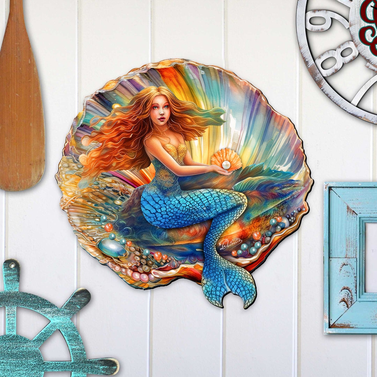Mermaid in the Shell Holiday Door Decor by G. Debrekht - Coastal Holiday Decor - 8688200H