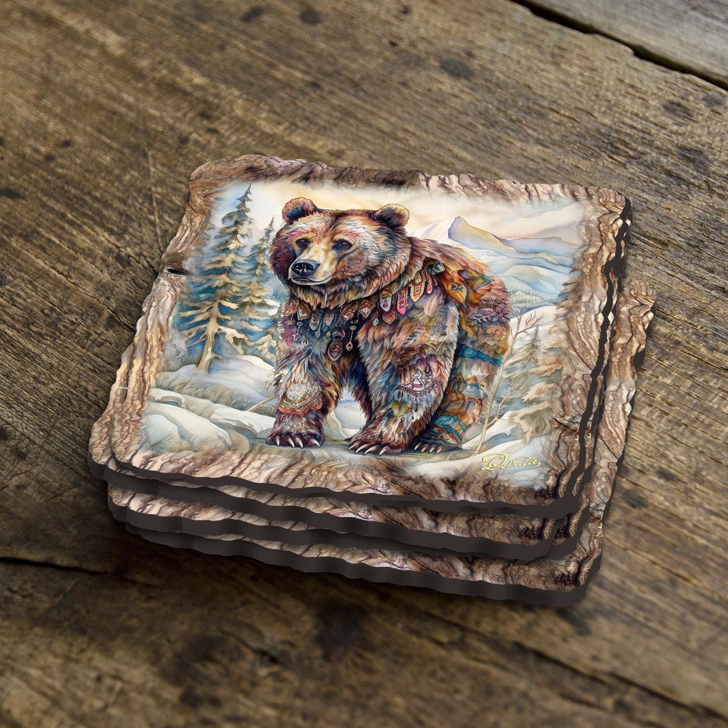 Grizzly Bear Wooden Cork Coasters Gift Set of 4 by Nature Wonders Nature Wildlife Decor  - 95397C-S4