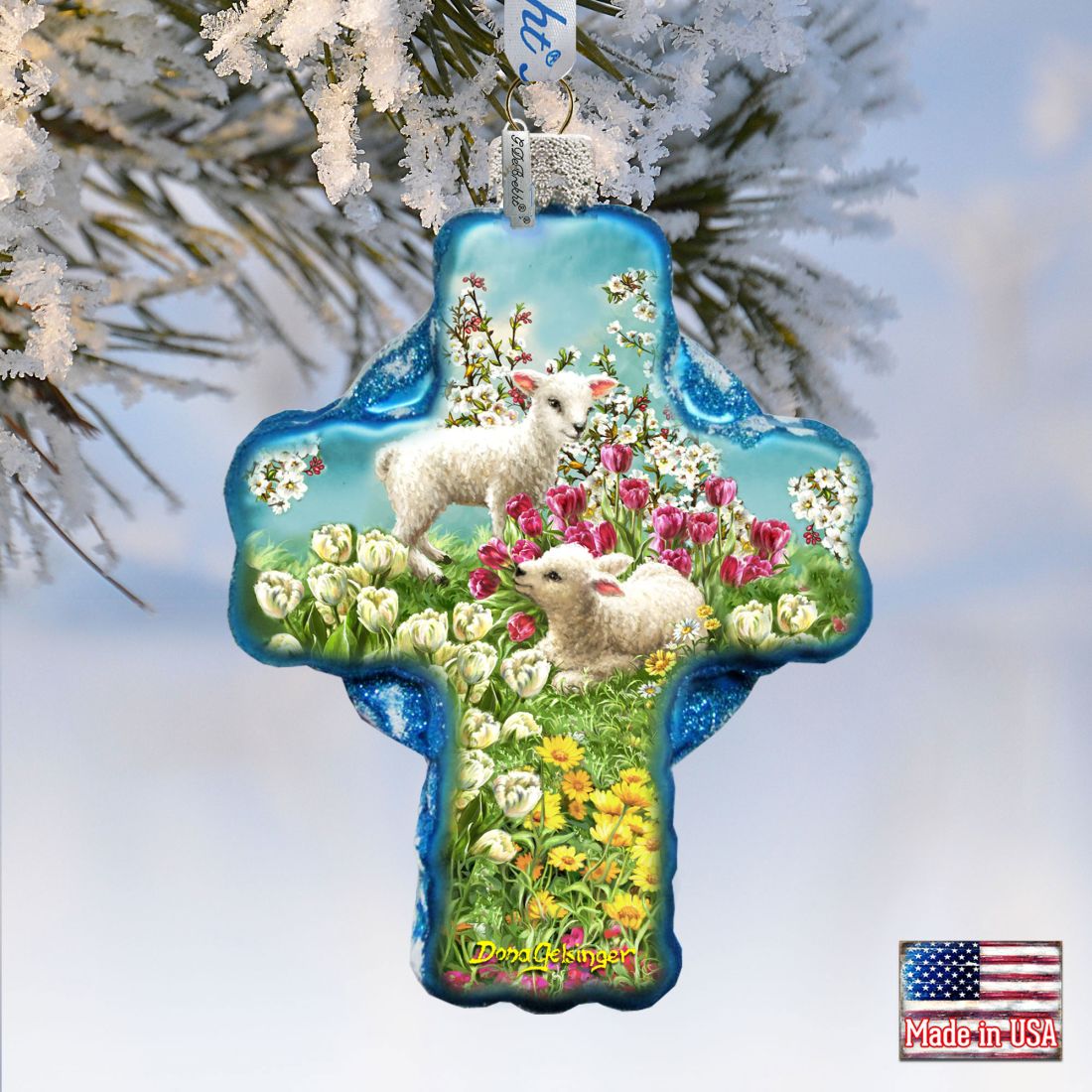 Sheep and Flowers Glass Ornament by D. Gelsinger - Nativity Holiday Decor - 758-020-DG