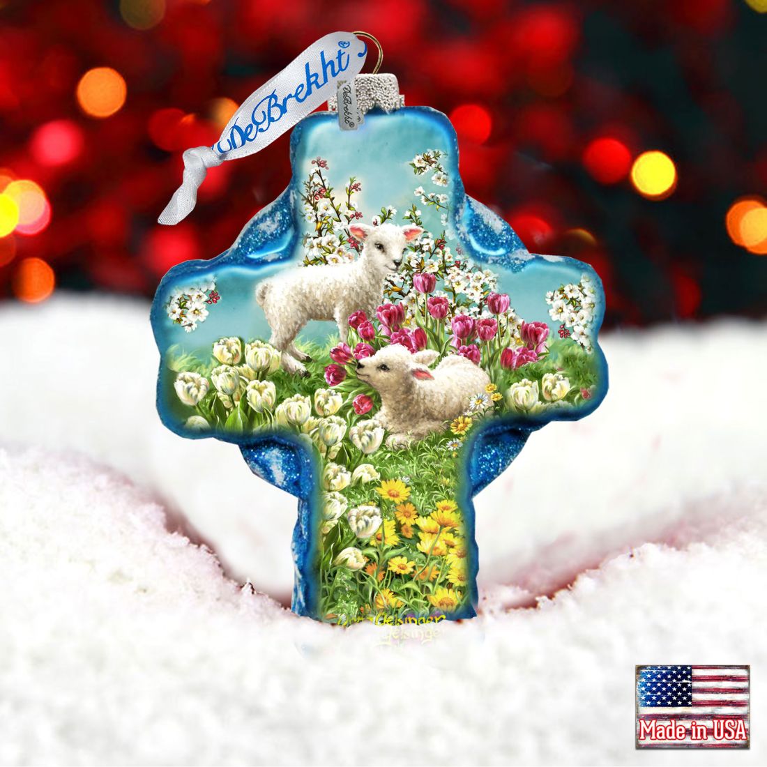 Sheep and Flowers Glass Ornament by D. Gelsinger - Nativity Holiday Decor - 758-020-DG