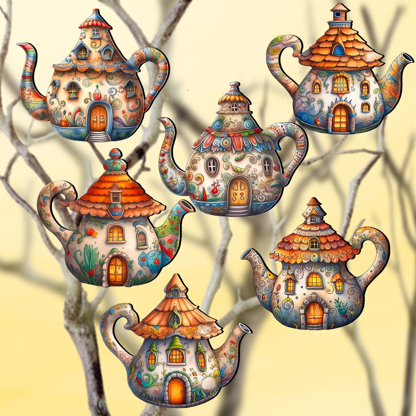 Teapots Decorative Wooden Clip-on Ornaments Set of 6 by G. Debrekht - Love Family Decor - 8090072C-S6