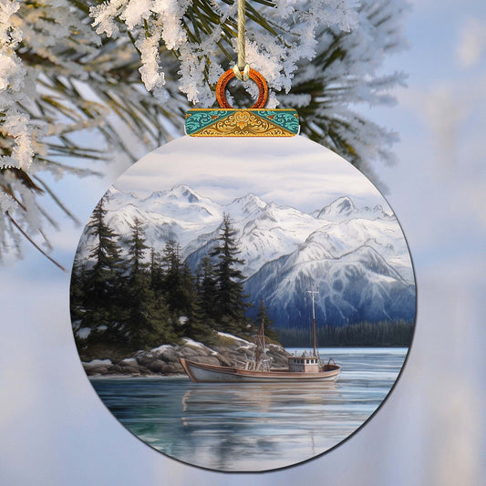 Fishing Boat in Alaska's Mountains Wooden Ornaments by G.Debrekht - Wildlife Holiday Decor - 870068
