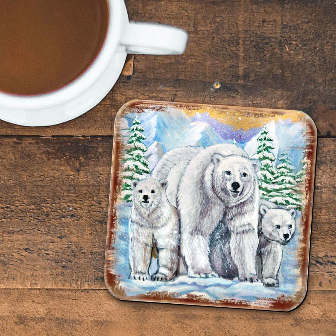 Polar Bear Family Wooden Cork Coasters Gift Set of 4 by Nature Wonders - Nature Wildlife Decor  - 95215C-S4