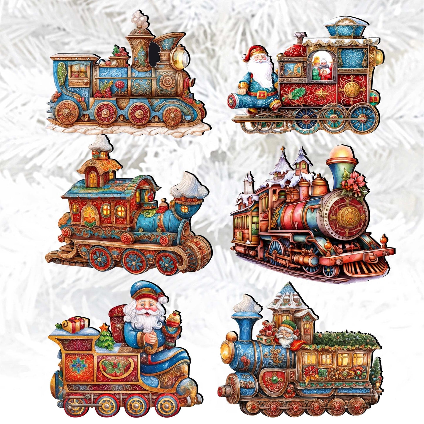 Santa Christmas Train Decorative Wooden Clip-on Ornaments Set of 6 by G. Debrekht - Christmas Decor - 8090123C-S6
