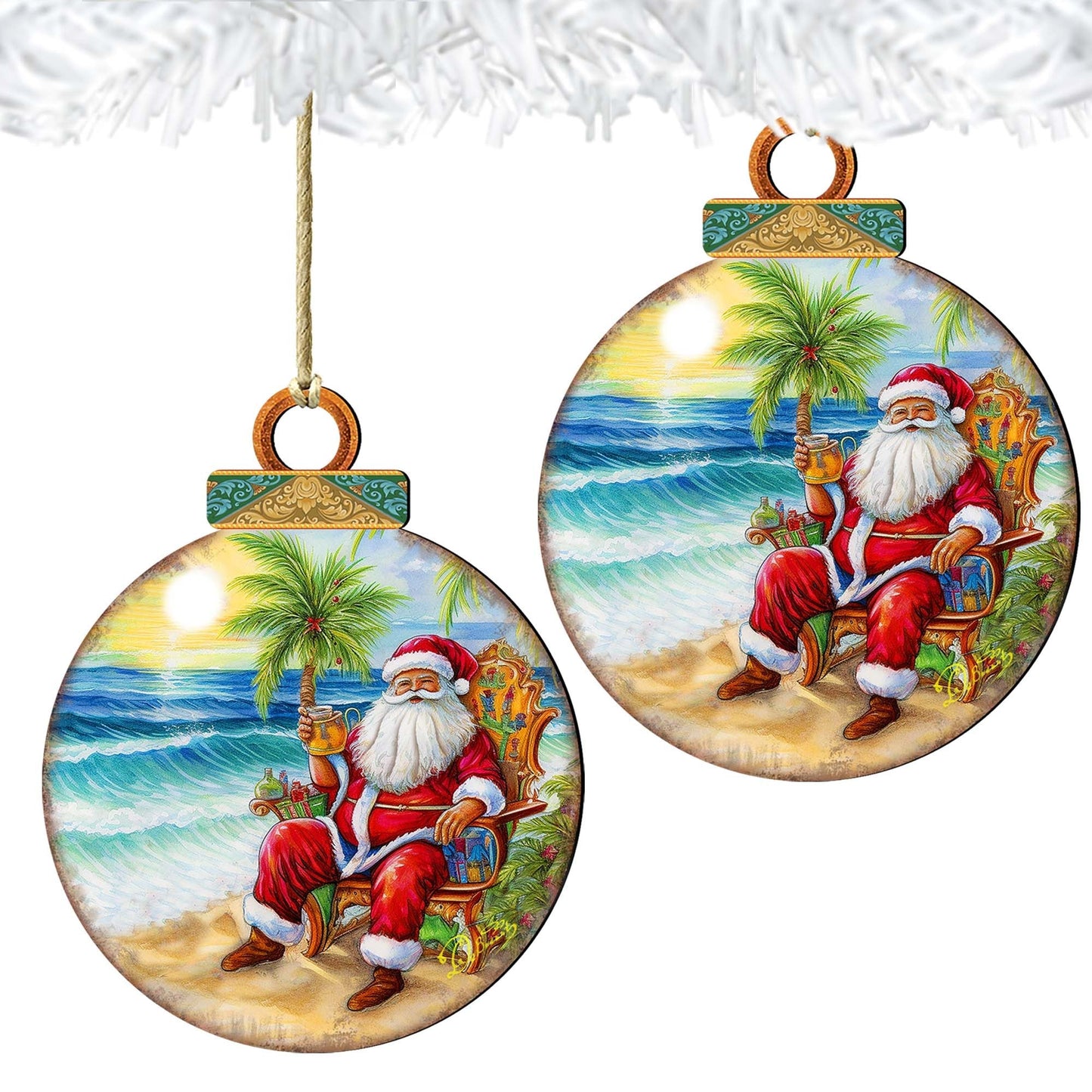 Coastal Christmas Decor - Sunset with Santa Wooden Ornaments by G. Debrekht Coastal Holiday Decor - 8688183