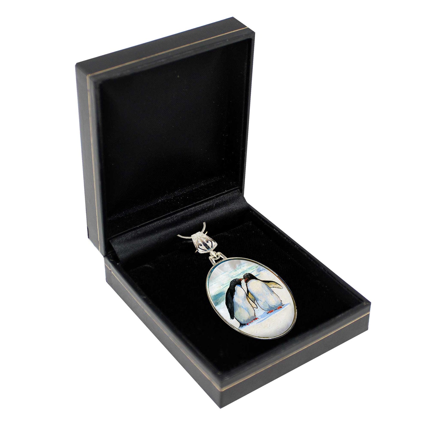 Penguins in Love Silver Plated Mother of Pearl Jewelry Pendant Necklace - 44033