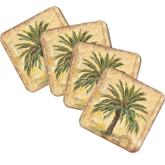 Palm Tree Coastal Wooden Cork Coasters Gift Set of 4 by Nature Wonders - Coastal Sea-Life Decor - 8198630C-S4