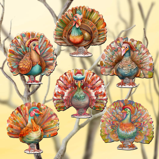 Turkey Decorative Wooden Clip-on Ornaments Set of 6 by G. Debrekht - Thanksgiving Decor - 8090027C-S6