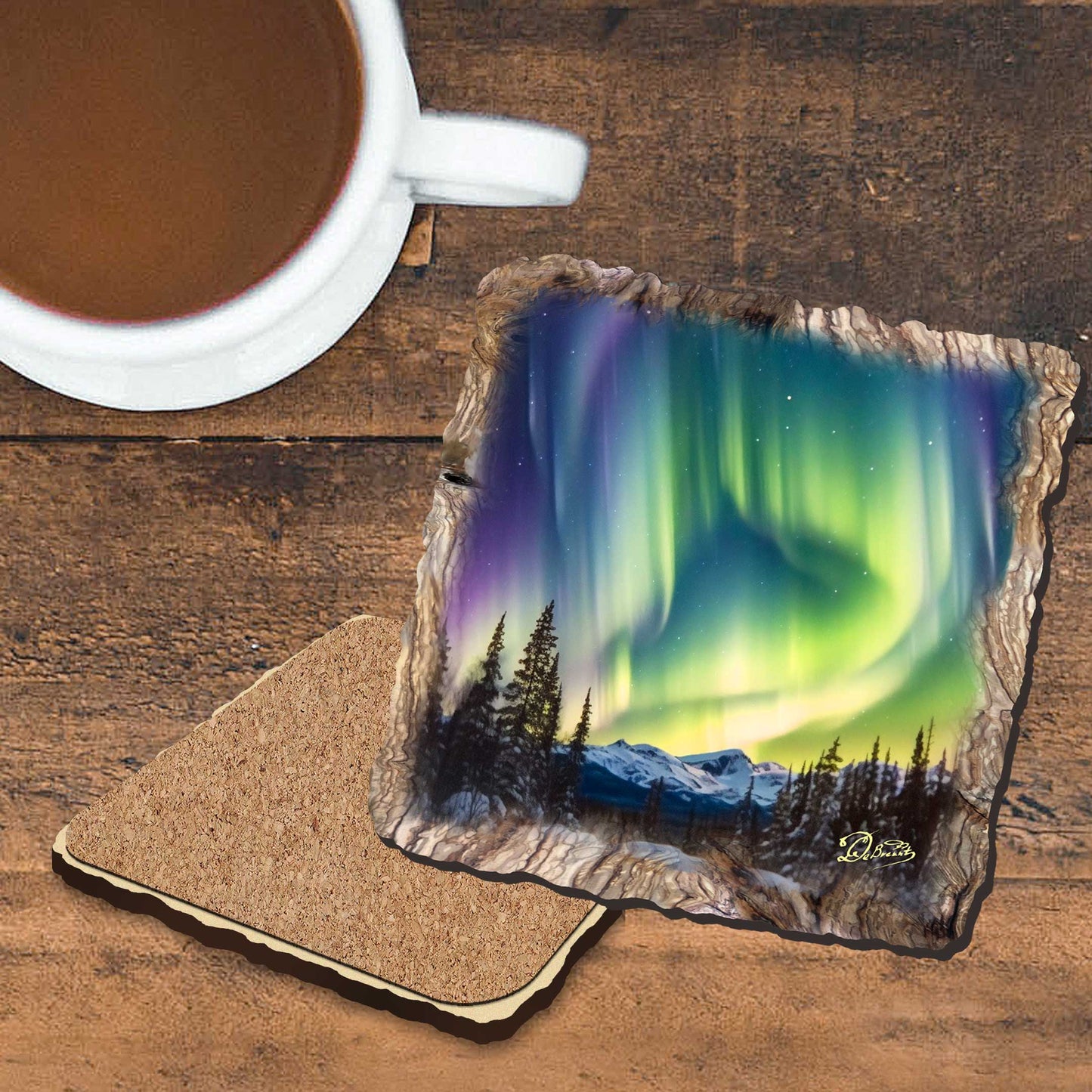 Northern Lights Wooden Cork Coasters Gift Set of 4 by Nature Wonders Nature Wildlife Decor  - 95391C-S4